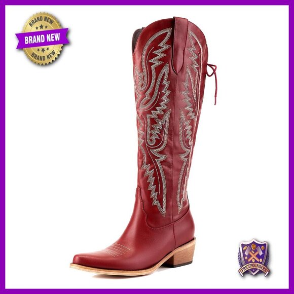 Shoes - Knee High Cowboy Boots Adjustable Lace Up Embroidered Chunky Heel Western Boots